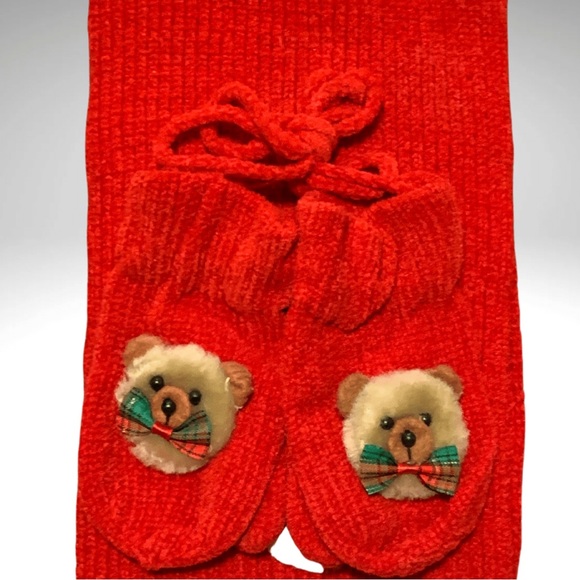 NEW Red Chenile Scarf Mitten Toddler Set with Plush Teddy Bear Appliqué Winter - Picture 2 of 5